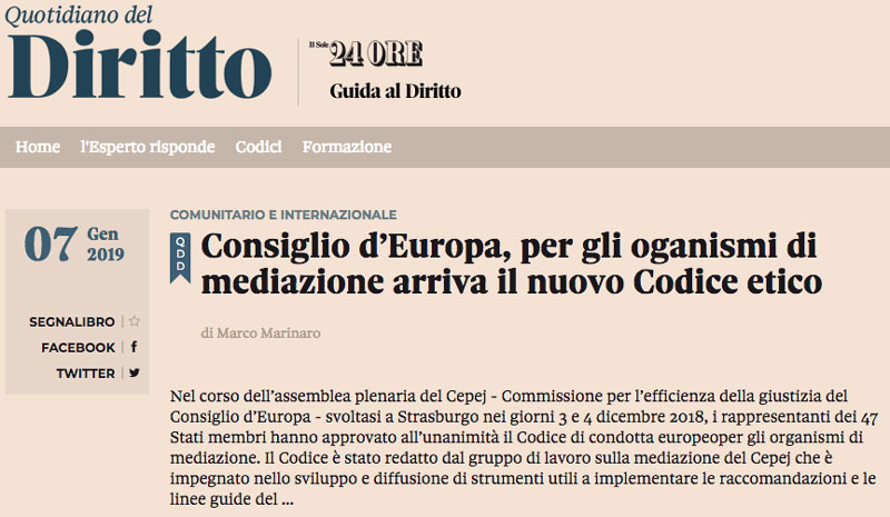 Link all'articolo "Consiglio d'Europa, per gli organi di mediazione arriva il nuovo Codice etico" - Quotidiano del Diritto de Il Sole24ORE